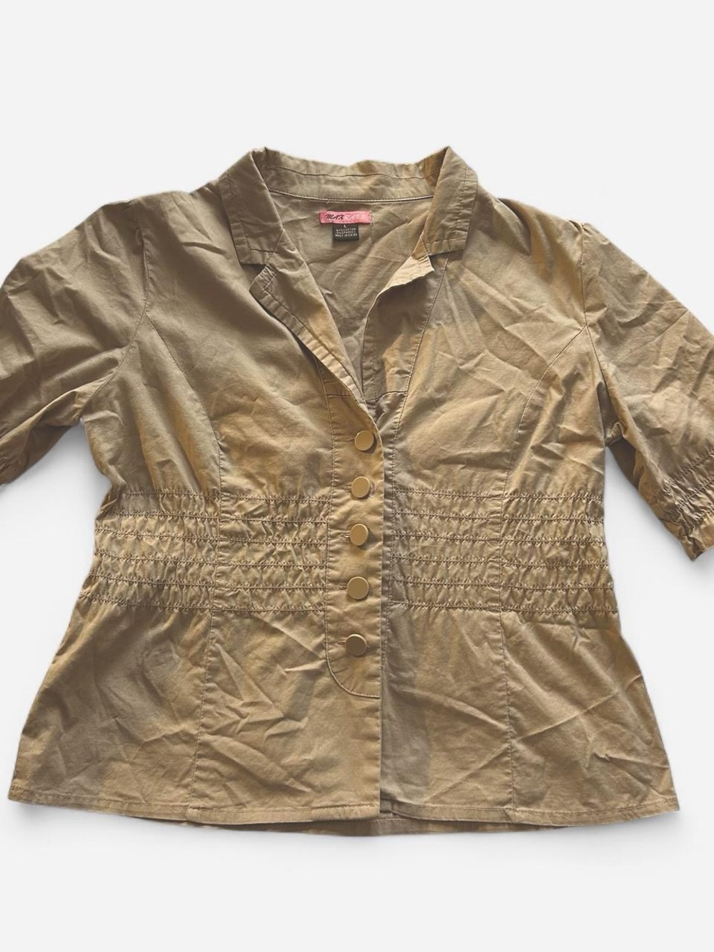 Max Rave Short Sleeve Button-Front Top in Tan - Picture 2 of 5